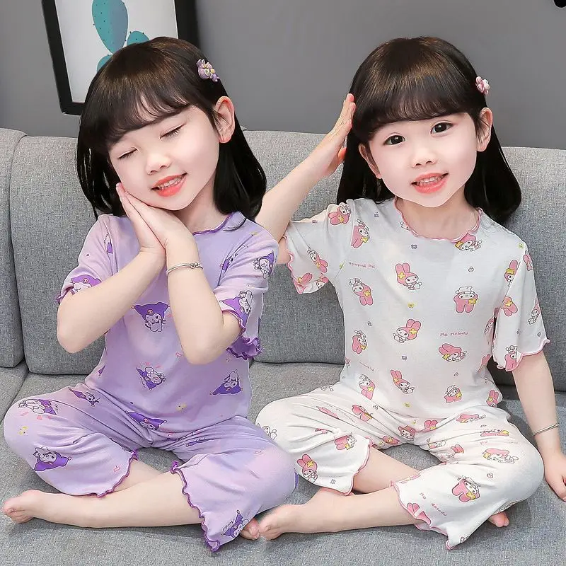 Children Pajamas Outfit Anime Sanrioed My Melody Kuromi Girls Summer Pajamas Sweet Cute Loungewear Cartoon Short Sleeve Shorts