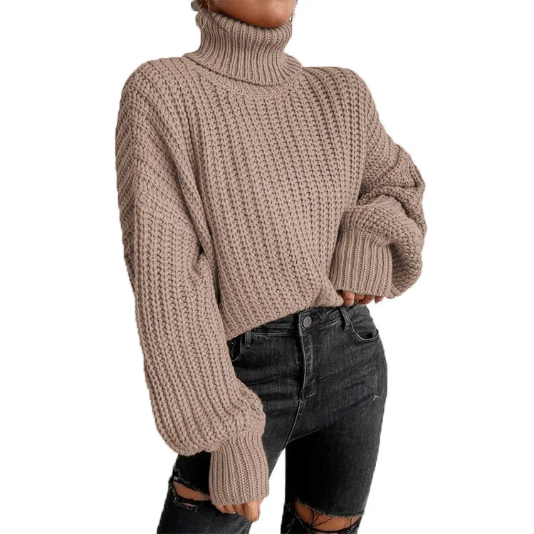 Autumn and winter foreign trade fashion shoulder long sleeved knitted loose fitting pullover high neck sweater for women