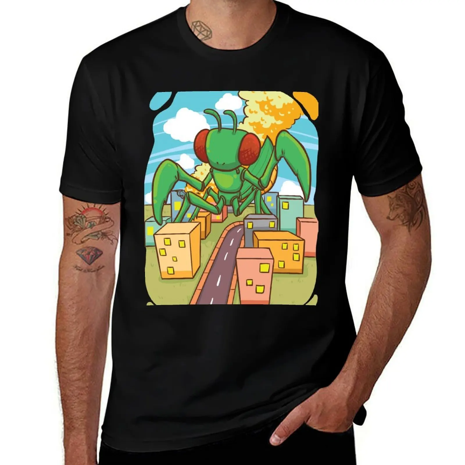 Giant praying mantis discovers a new city T-Shirt Daily Casual Short Sleeve Tee Shirt T-Shirt