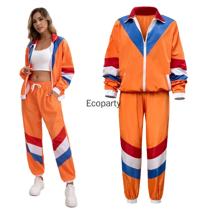 Conjunto de 2 Piezas, Traje Deportivo Retro de los 80s y 90s para Mujer, Color Naranja con Bloques de Color, Manga Larga, Disfraz de Discoteca, Traje para Fiesta de Halloween o Carnaval