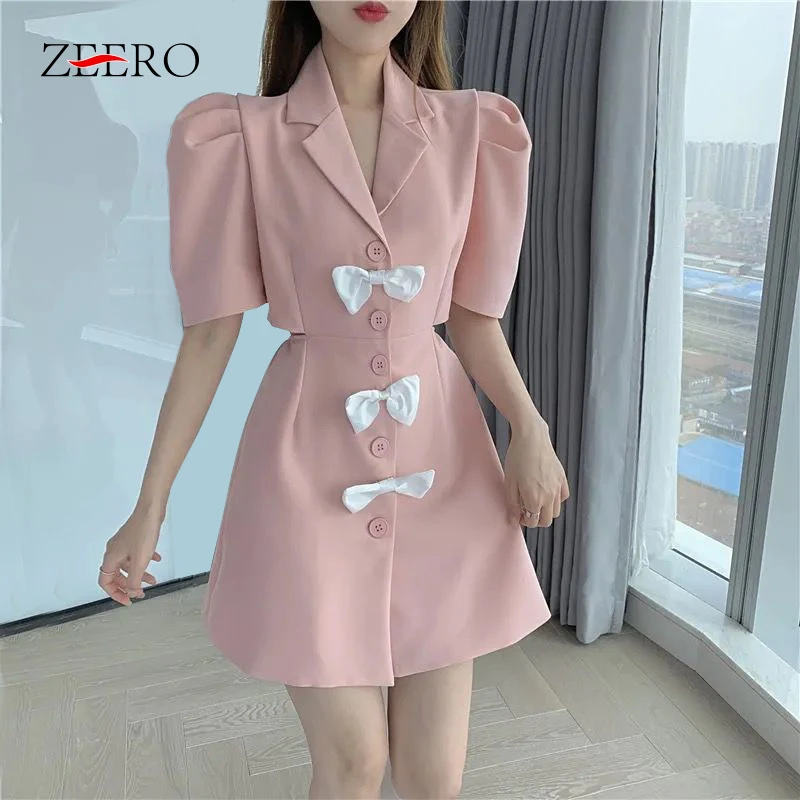 

Summer Women Elegant Noched Collar Slim Open-waist Dress with Bows Pinkl Puff Sleeve Single-breasted Mini Party Dresses Vestido