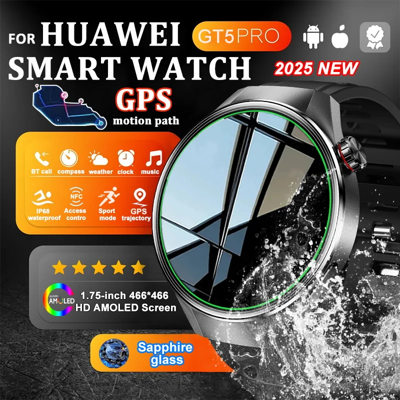 

2025 New For HUAWEI GT5 Pro Sports Smart Watch 1.75'HD GPS Track Compass Altimete Waterproof BT call Men Women health SmartWatch