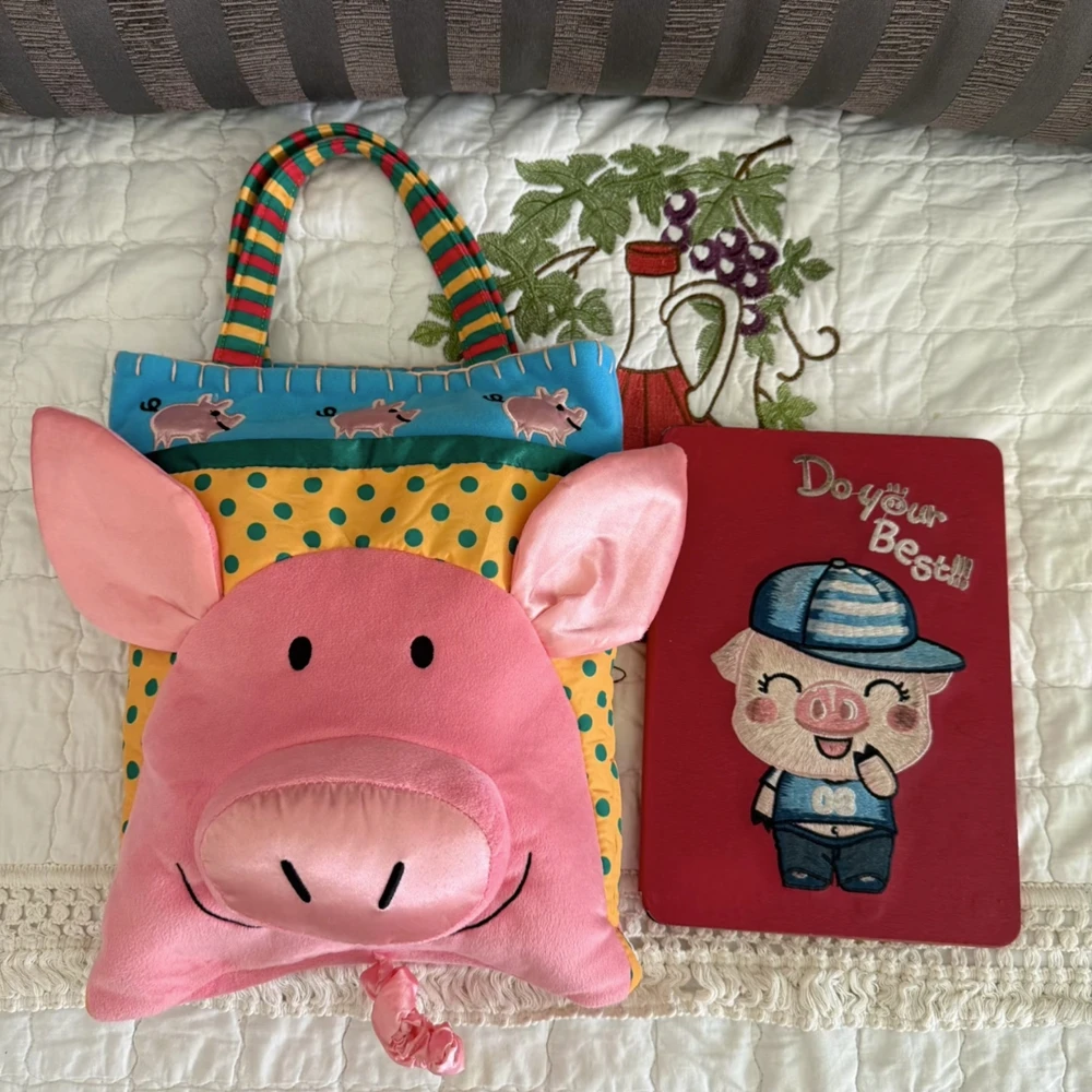 Cute Piggy Cartoon Pink Piggy Handbag Polka Dot Storage Bag Exquisite Large Capacity Girl Heart Student Essential for Going Out