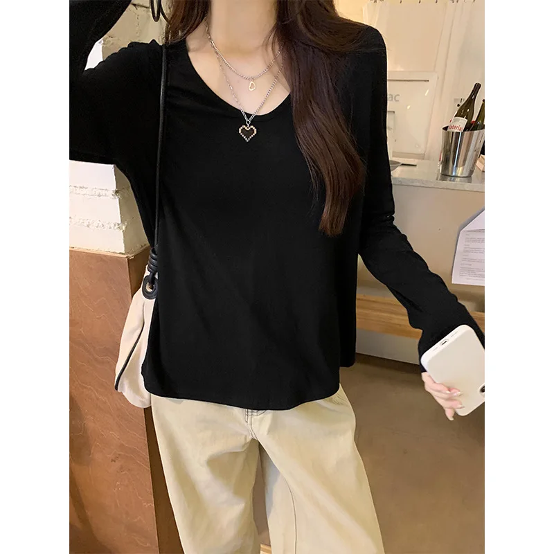 Black Relaxing Loose Look Thin Long Sleeve T-shirt Women's Early Autumn Inner Wear Pure Desire Lazy Atmosphere Top Bottom Shirt