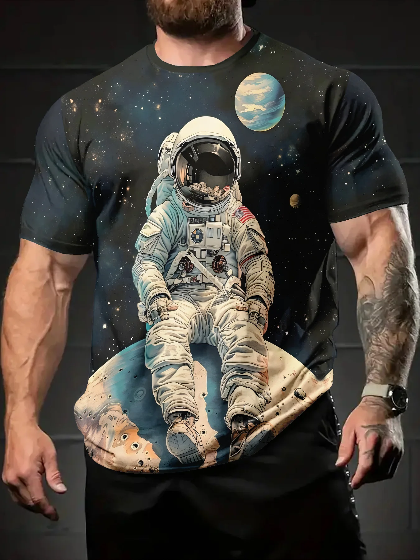 Camiseta con estampado 3D de astronauta para hombre, cómoda camiseta de poliéster con cuello redondo y manga corta, camiseta informal para deportes al aire libre de verano