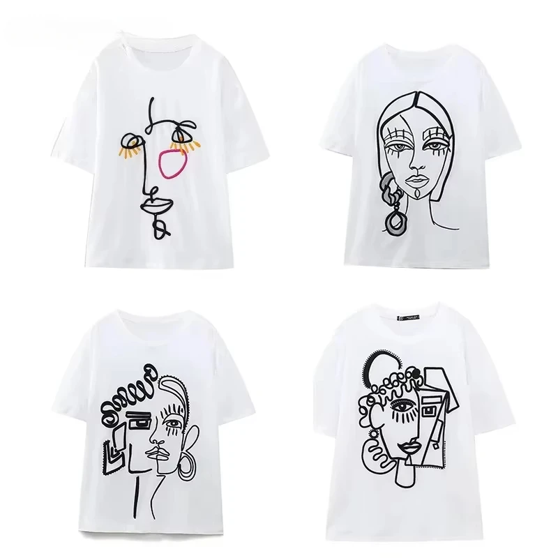 T-shirts for Women Y2k Embroidery O Neck Harajuku Vintage Short Sleeve Tee T Shirt for Women Stitch Tops Blouse 2023