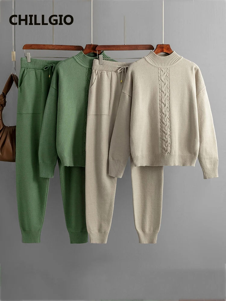 

Женский вязаный свитер CHILLGIO, зимний осенний костюм, Модные шаровары с длинным рукавом и высоким воротником, теплые вязаные комплекты из двух предметов