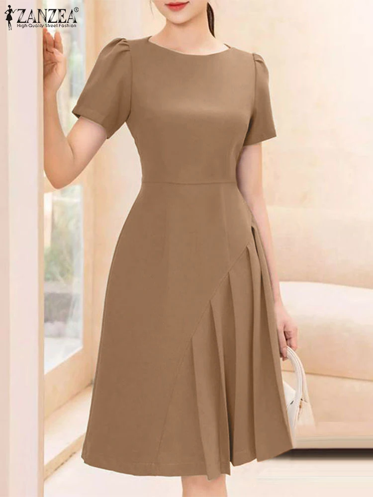 2024 ZANZEA Women Elegant Office Work Dress Summer O Neck Short Sleeve Solid OL Sundress Fashion Casual Knee-length Vestido Robe