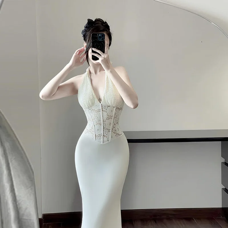 Abiti lunghi da donna eleganti estivi Abiti da festa sexy in pizzo appesi Abiti da festa Donna Vestido Con Corsetto Abiti da sposa