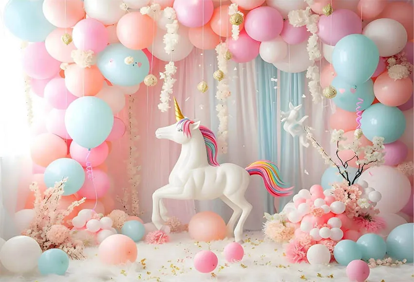 Mehofond Dreamy Unicorn Balloon Fondale fotografico Festa di compleanno per bambini Arcobaleno Fiore Sfondo Torta Smash Decor Photozone