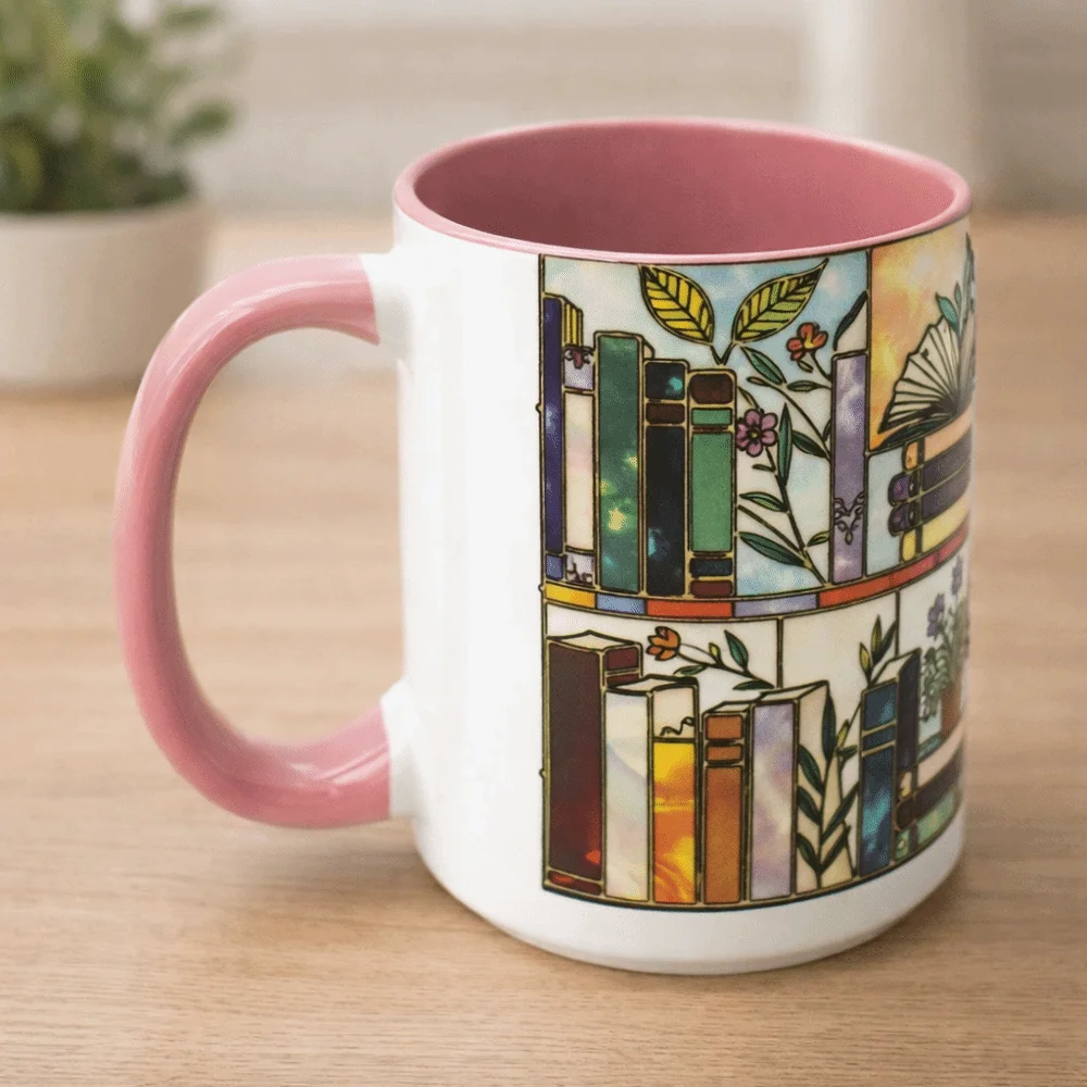 

Bookshelf Pattern Flower Ceramic Milk Cup Bronzing Colored Glaze Fun Bookworm Gift Floral Ceramic Coffee Mug Vintage