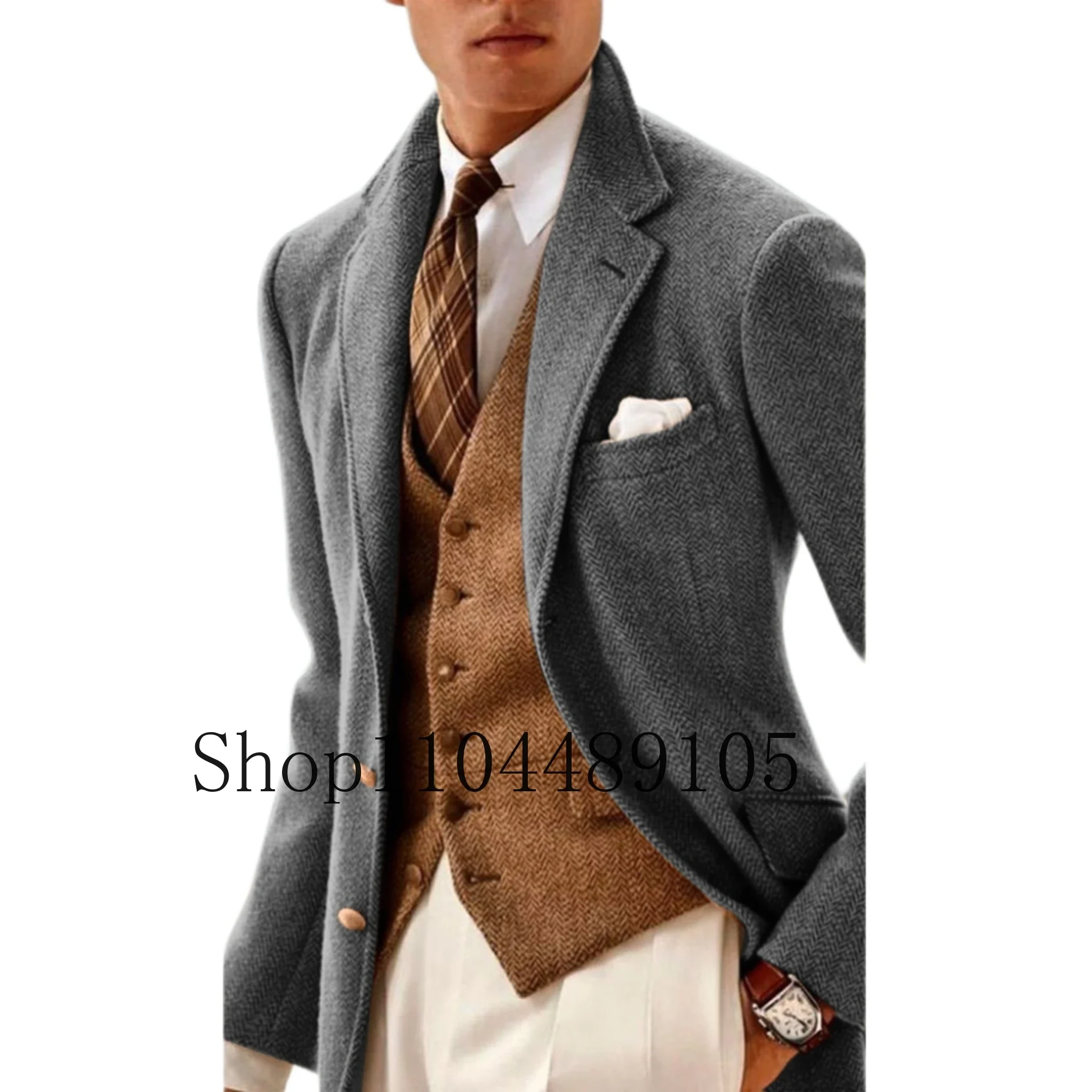 

Long Coat Men Formal Jacket with Peak Lapel for Celebrities Long Trench Coat with Notch Lapels and Herringbone Pattern