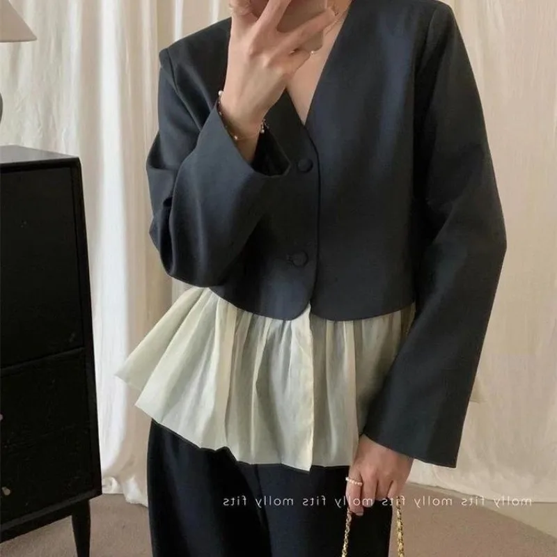 Spliced Casual Blazers Women Fake Two Piece Vintage Ladies Hotsweet Temper Elegant V-neck French Stylish Personal Fashion Ins