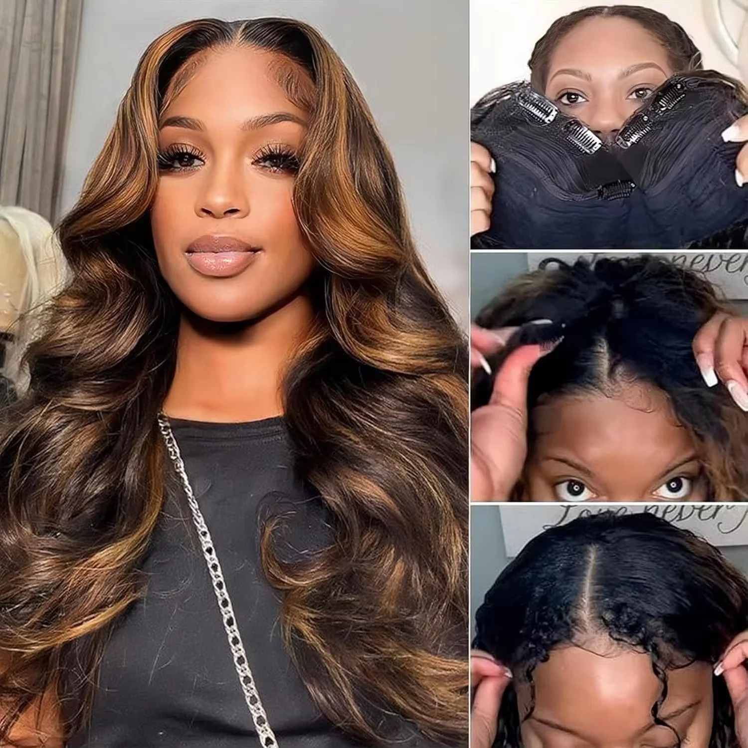 P1B/30 V Part Wig Human Hair Machine 30 34 Inch Omber Highlight V Part Body Wave Human Hair Wigs Upgradae Clip In Half 230%