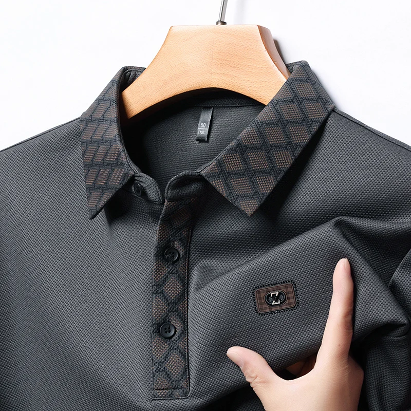 

High quality long sleeved men's polo shirt autumn fashion personality jacquard collar brand icon design casual business T-shirt