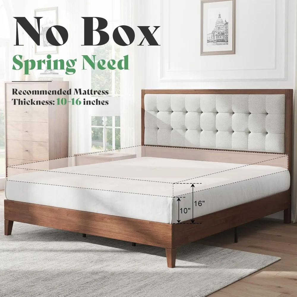 King Wooden Platform Bed Frame Mid-Century No Box Spring Noise-Free Sturdy Breathable King Size, Custom - view 6