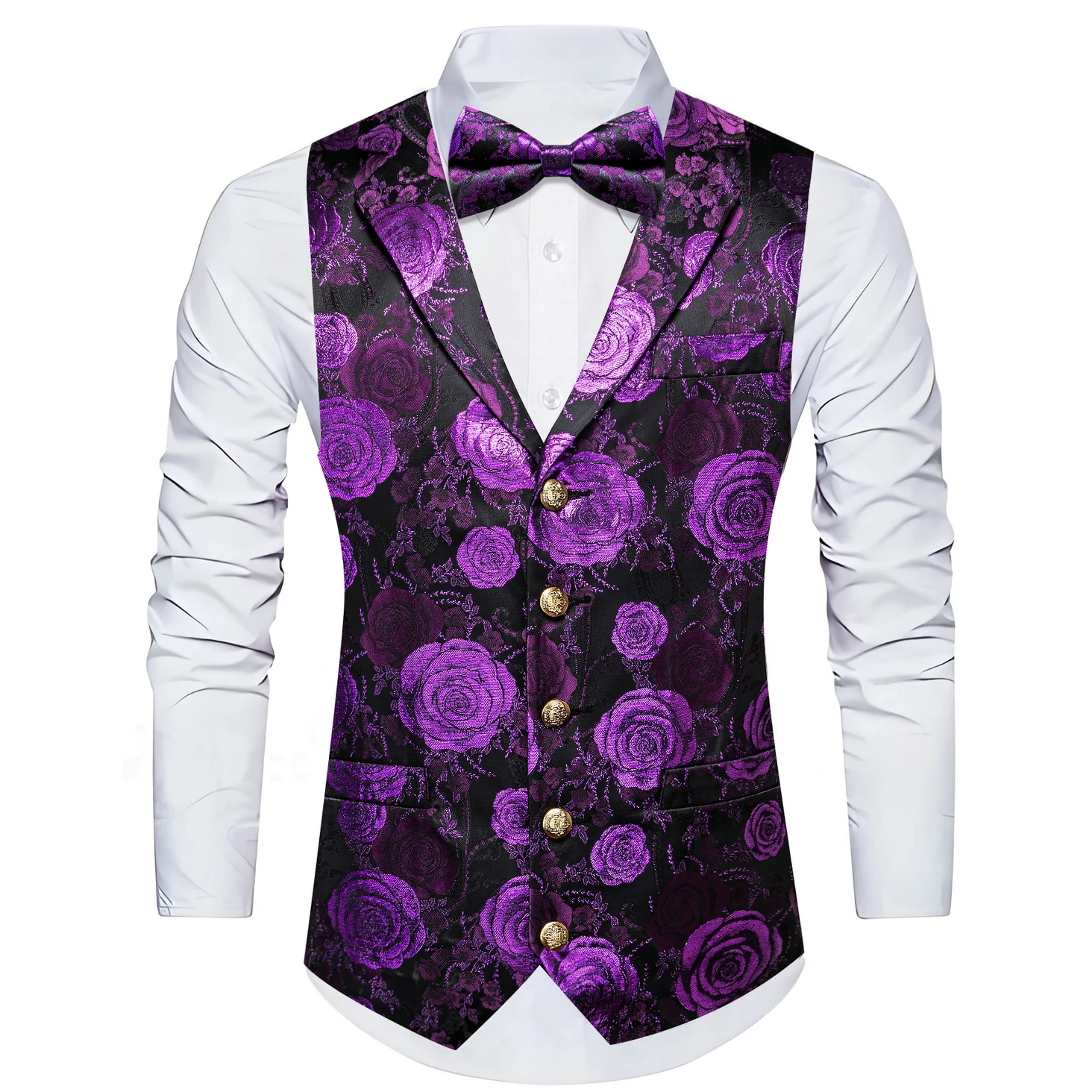 VERVEROW Luxuriöse Herren-Weste mit Jacquard-Blumenmuster, gekerbtem Reverskragen, Weste mit Fliege, Set für formelle Hochzeiten, Partys, Smoking – Detail 6