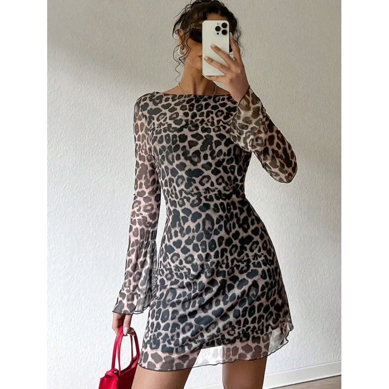 Recién llegado, vestido ajustado de manga larga de malla transparente con estampado de leopardo a la moda, estilo ligero y elegante