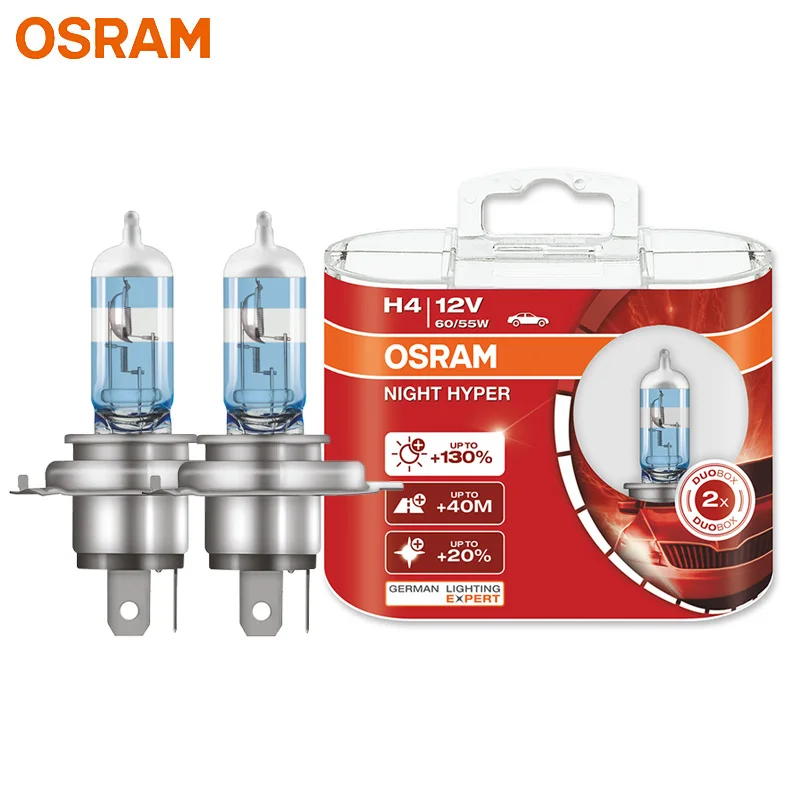 OSRAM H4 NIGHT HYPER Car Halogen Head Light 12V 12V 60/55W P43t 9003 HB2 +130% More Bright Original Quality Lamps 64193NH, 2x