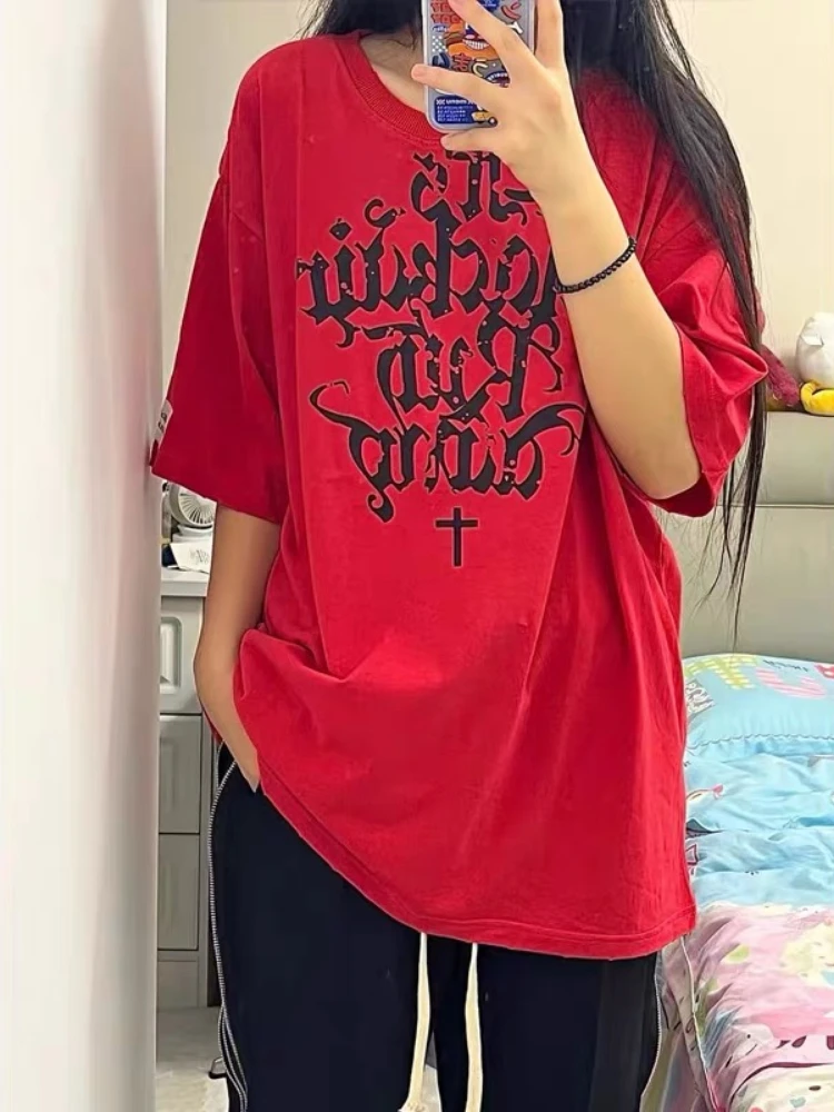 ADAgirl Red Harajuku Short Sleeve T-shirt Women Vintage Oversized Streetwear 90s Y2k Tees Loose Casual Top Kpop Hippie Clothes