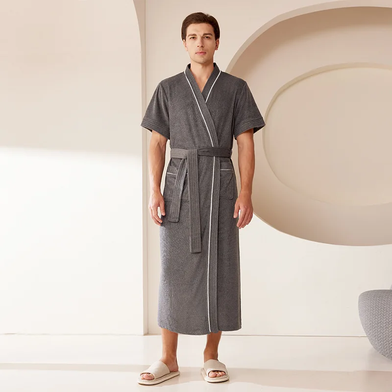 

Мужской махровый халат с коротким рукавом, удлиненный, в стиле кимоно, для спа-процедур, с карманами и поясом, легкий летний халат для дома