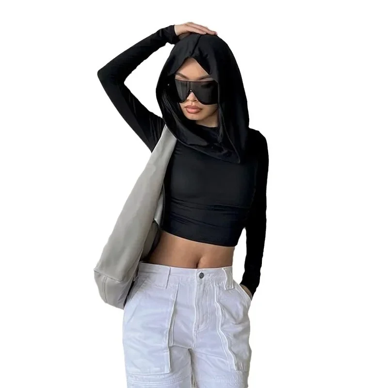 Grunge Retro Folds Crop Top with Hooded Skinny Long Sleeve Solid Women's T-shirts y2k Aesthetic Ladies Fashion Clothing