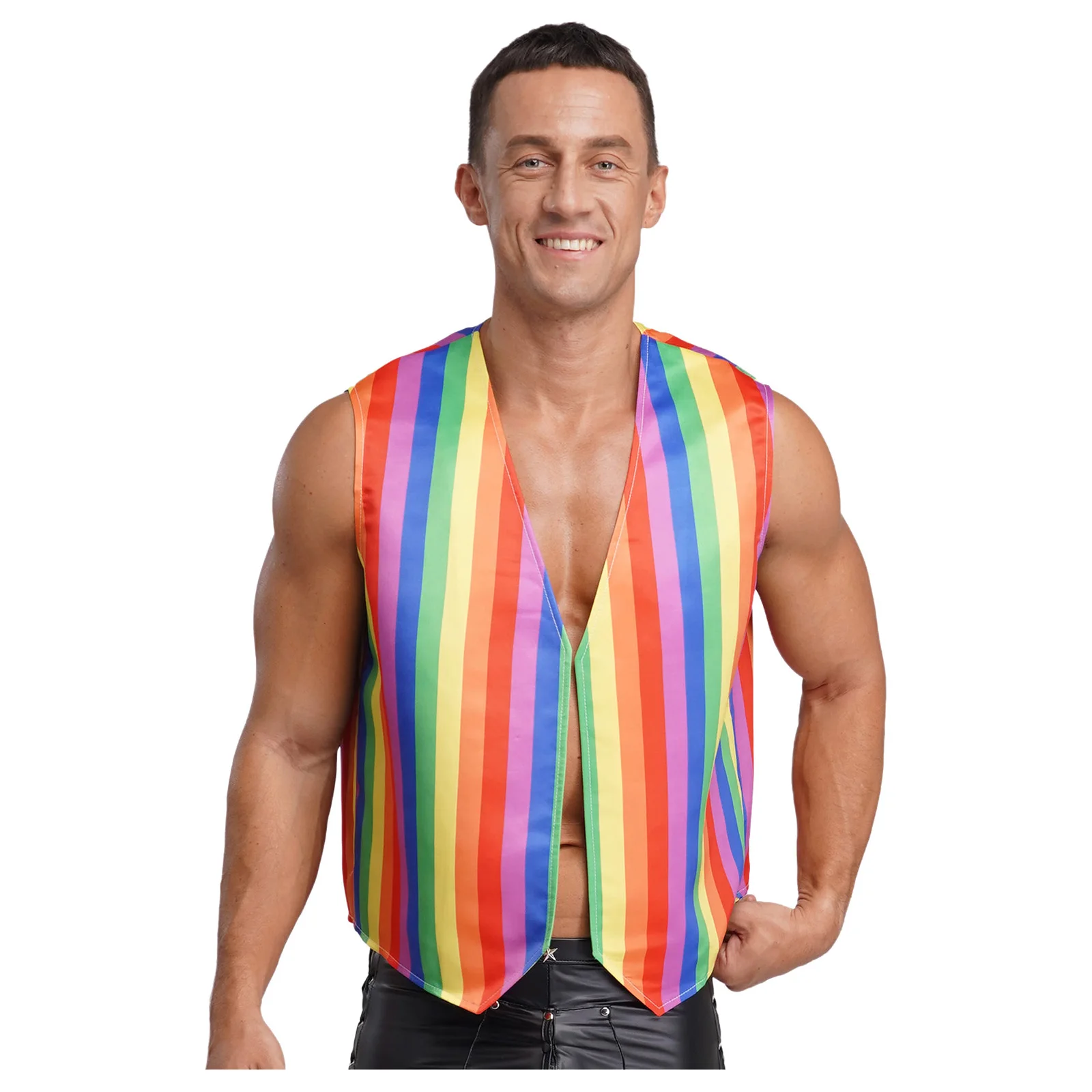 

Men Circus Clown Rainbow Striped Vest V Neck Sleeveless Open Front Pointed Hem Tank Tops Waistcoat for Dress-up Party Raves