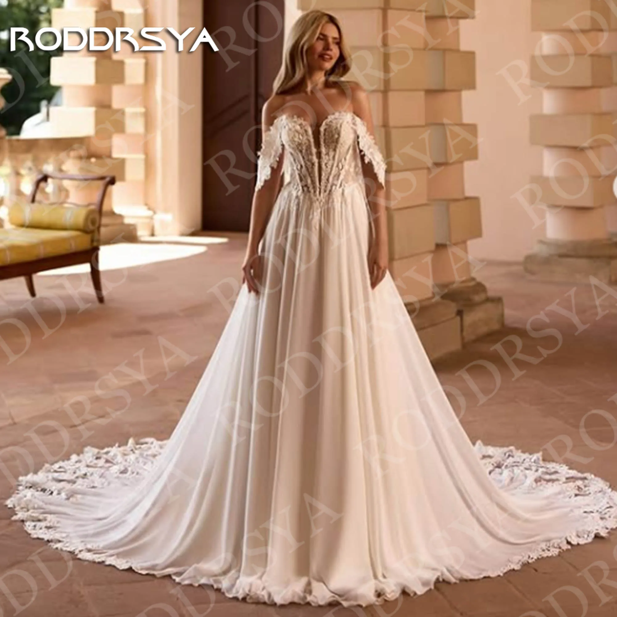 

RODDRSYA vestido de novia boda Customized A Line Wedding Dresses Woman Sweetheart Lace Off Shoulder Chiffon Bridal Dress Beach