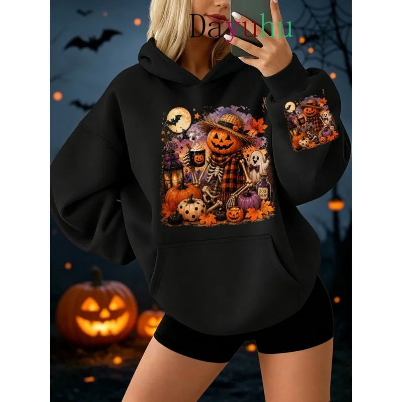 Female Oversized Streetwear Pullover Hoodie Halloween Pumpkin Skeleton Scarecrow Print Autumn Winter Daily Wear Women Clothes