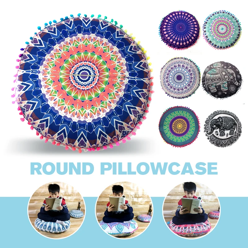 43/80CM Round Bohemian Mandala Pattern Pillowcase Indian Elephant Printed Cushion Cover Boho Meditation Floor Pillows Case