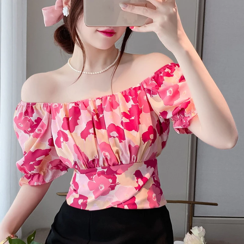 Lucyever 2022 Summer Print Chiffon Blouse Women Korean Square Neck Bandage Cropped Shirts Woman White Ruched Short Sleeve Blusas