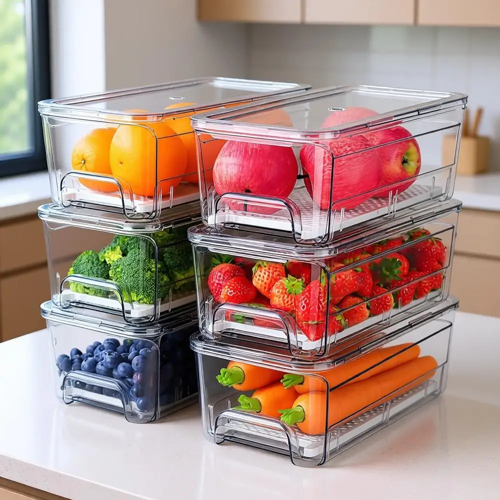 

Stackable Clear Refrigerator Organizers with Drain Tray for Kitchen Storage and Pantry Organization
