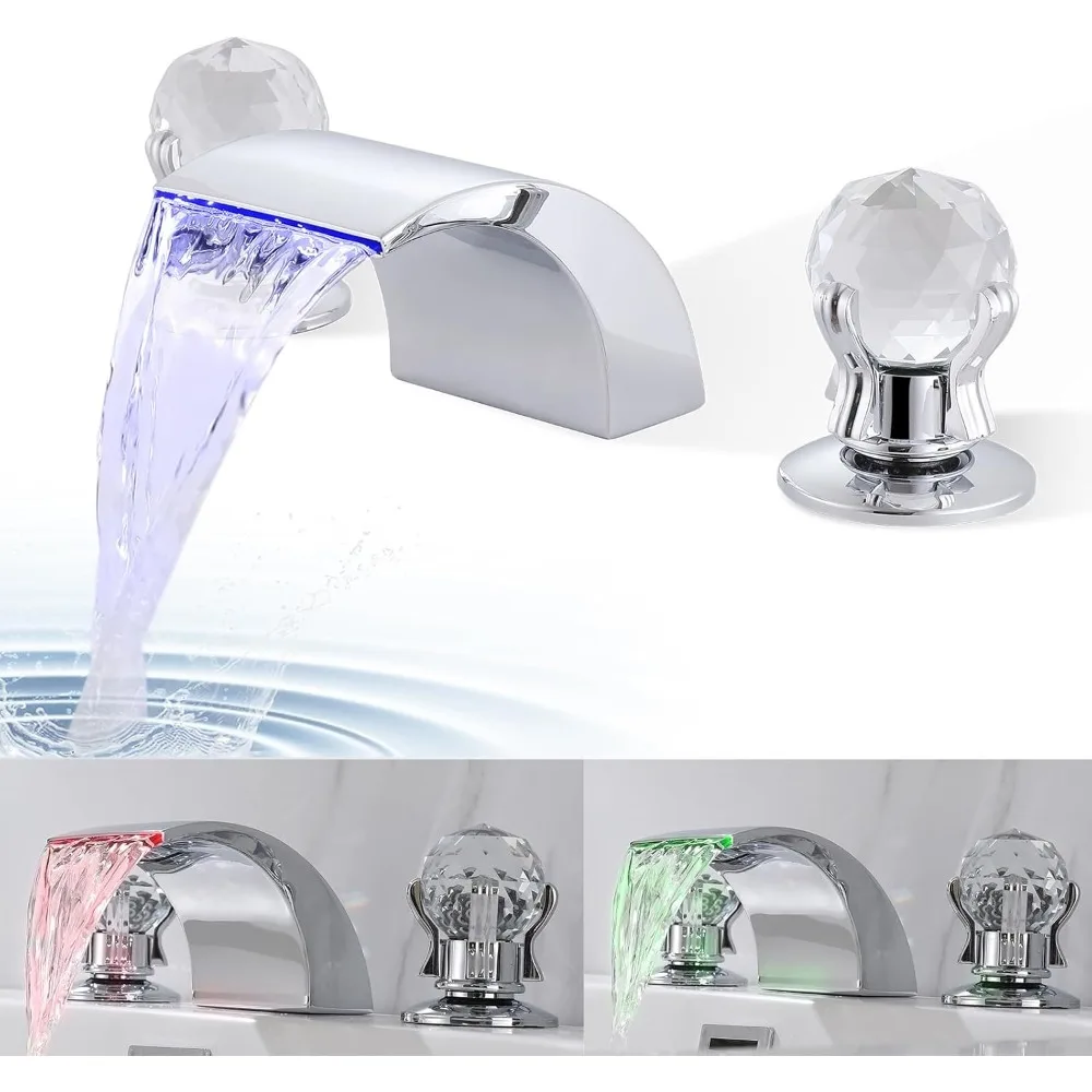 

3-Color Waterfall Bathroom Faucet, 3-Hole 8-Inch Widespread, Dual Crystal Handles Mixer with Hose (Chrome)