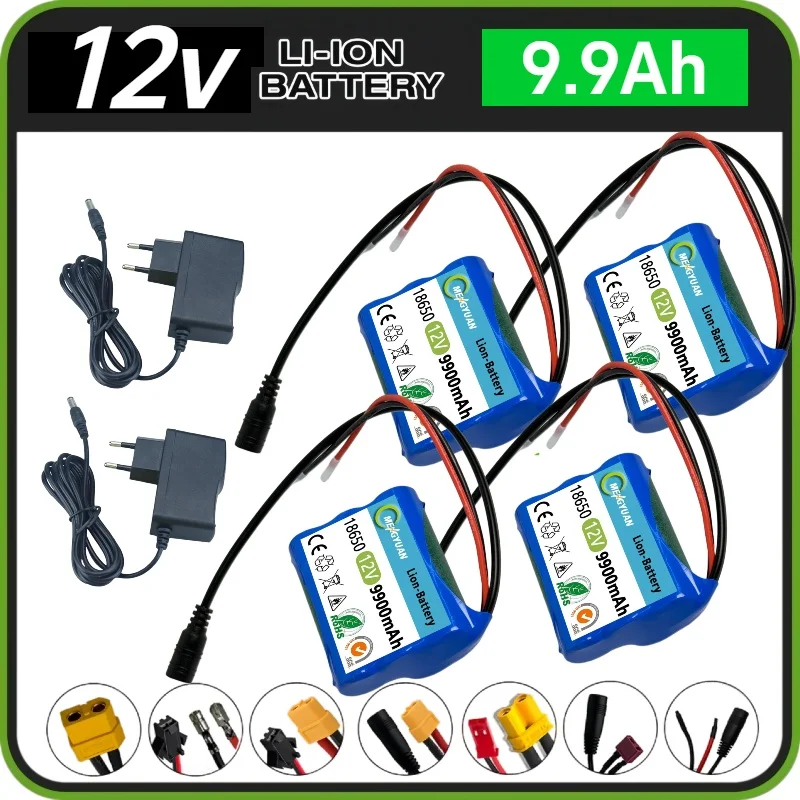 

New 18650 lithium-ion rechargeable battery 12V 9900mAh suitable for household fans, children's toy car power supply,4pcs 9900mAh