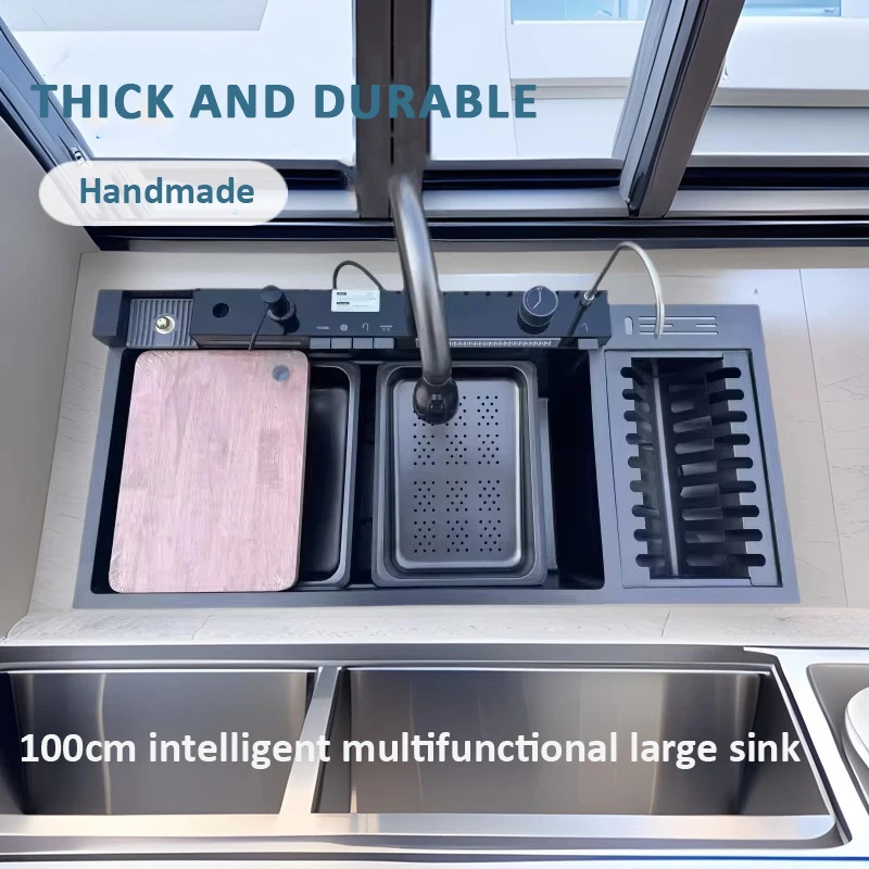 

100cmx46cm Whale-Style Large Single-Bowl Kitchen Sink with Dish Rack Digital Faucet Integrated Dishwasher Multi-Functional