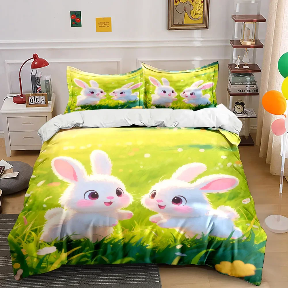 Cute Rabbit Trio Decoration Set Soft Comfortable Duvet Cover Bedding Set Included 1*Duvet Cover & 2*Pillowcases, gift