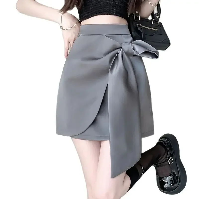 Women Grey A-line Bow Skirt Vintage 90s Aesthetic Y2k Mini Skirt Harajuku Korean Office Ladies Skirts 2000s Clothes Summer 2024