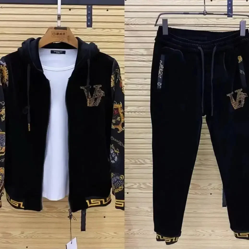 Men's Spring and Autumn Coat 2024 New Gold Velvet Casual Two-Piece Suit Pants Suit All-Match Fashion Fashion image 2