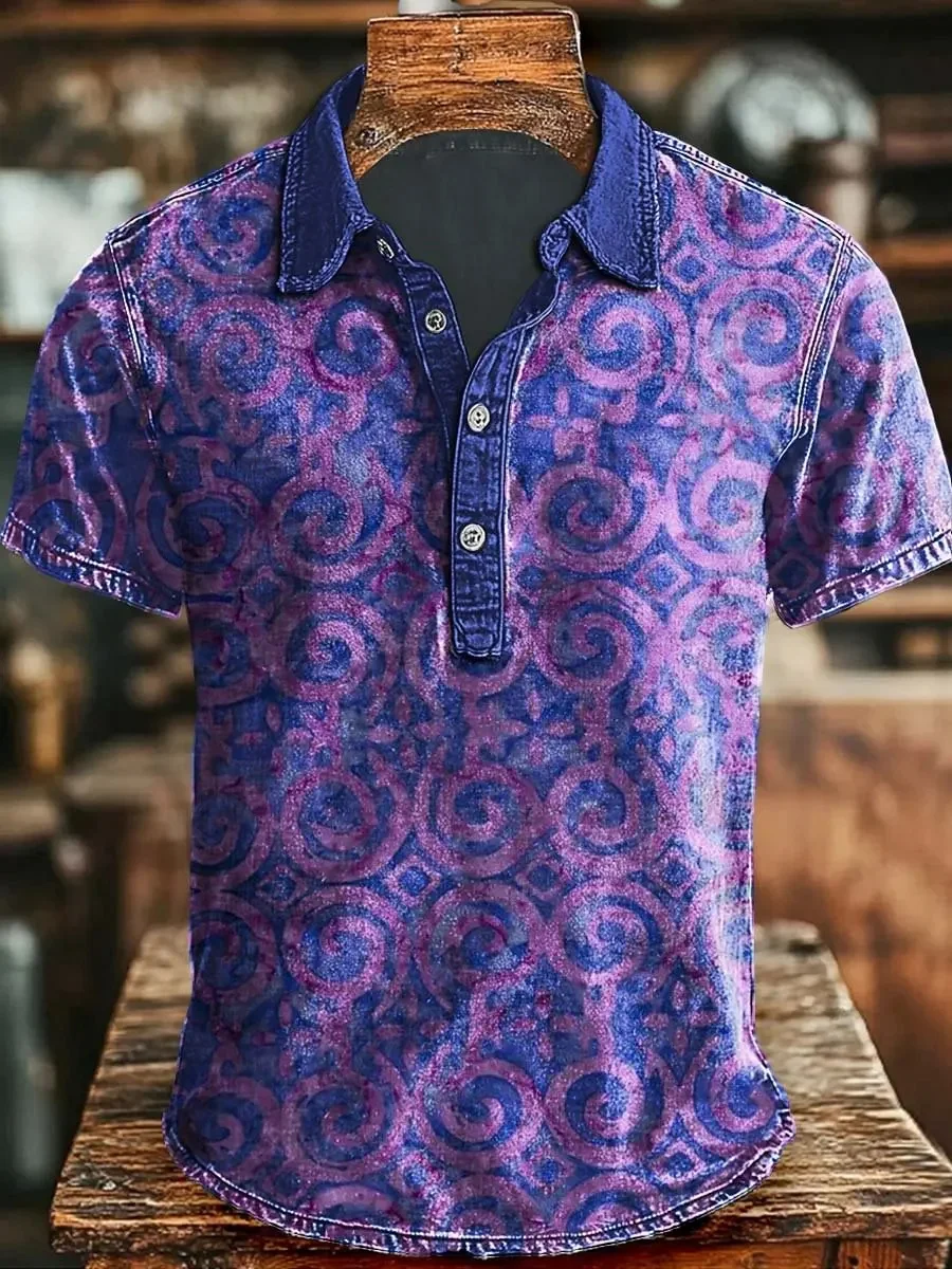 New Bohemian style short sleeved shirt for men, with a red brown background and geometric pattern printed casual shirt