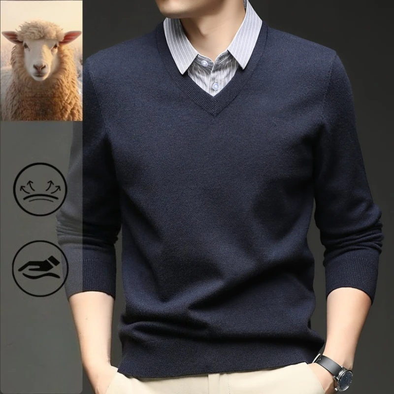 سترة رجالية مكونة من طبقتين، هيكل محبوك بياقة قميص، ألياف صوف ميرينو الأسترالية المخلوطة، مكتب الأعمال #1