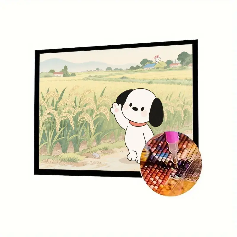 Kit de pintura de diamante 5D DIY, Adorable perro de dibujos animados ondeante en paisaje de campo de arroz dorado, bordado de diamantes de imitación redondo completo, 1 ud.