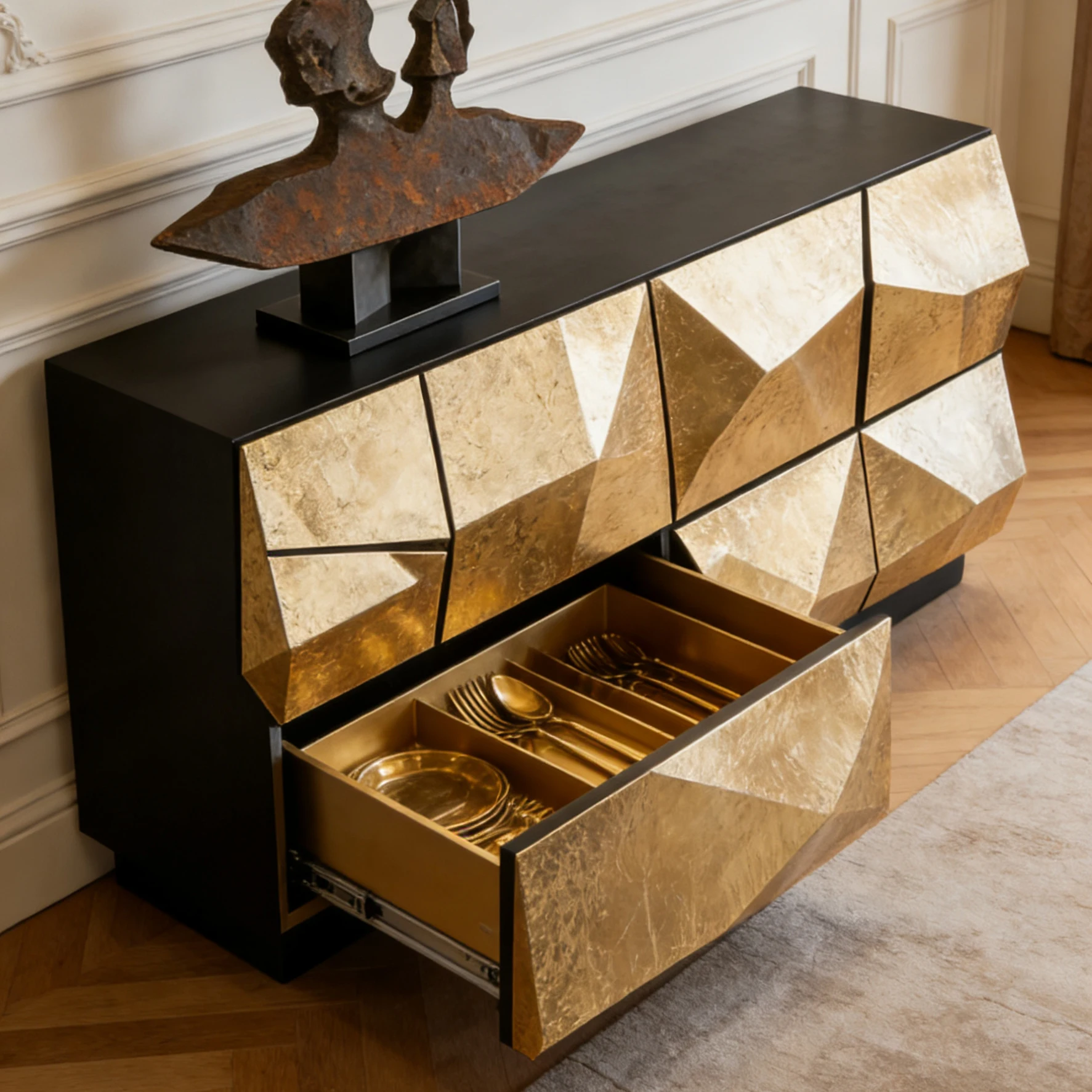 Artistic Golden Metal Sideboard, Irregular Geometric Veneer Console Table for High-End Home Decor