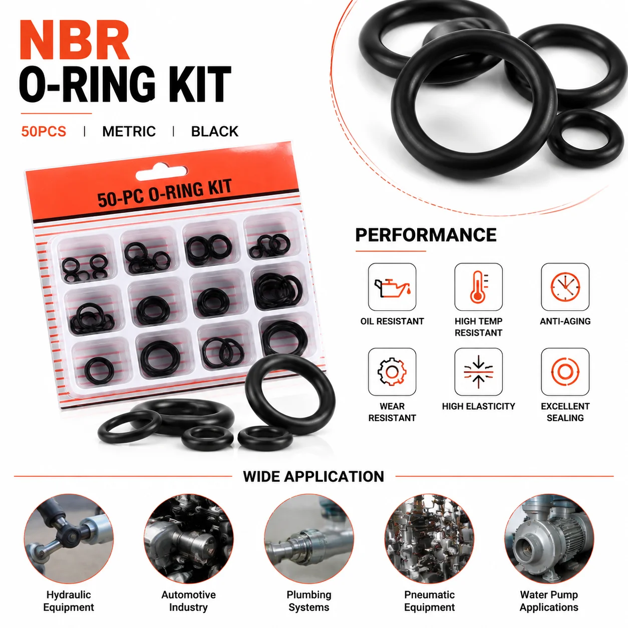 50 Pieces of Black NBR Rubber O-ring Kit with Multiple Specifications CS1.5/2.4mm OD10-26.5mm Engine Oil Circuit Seal Repair Kit