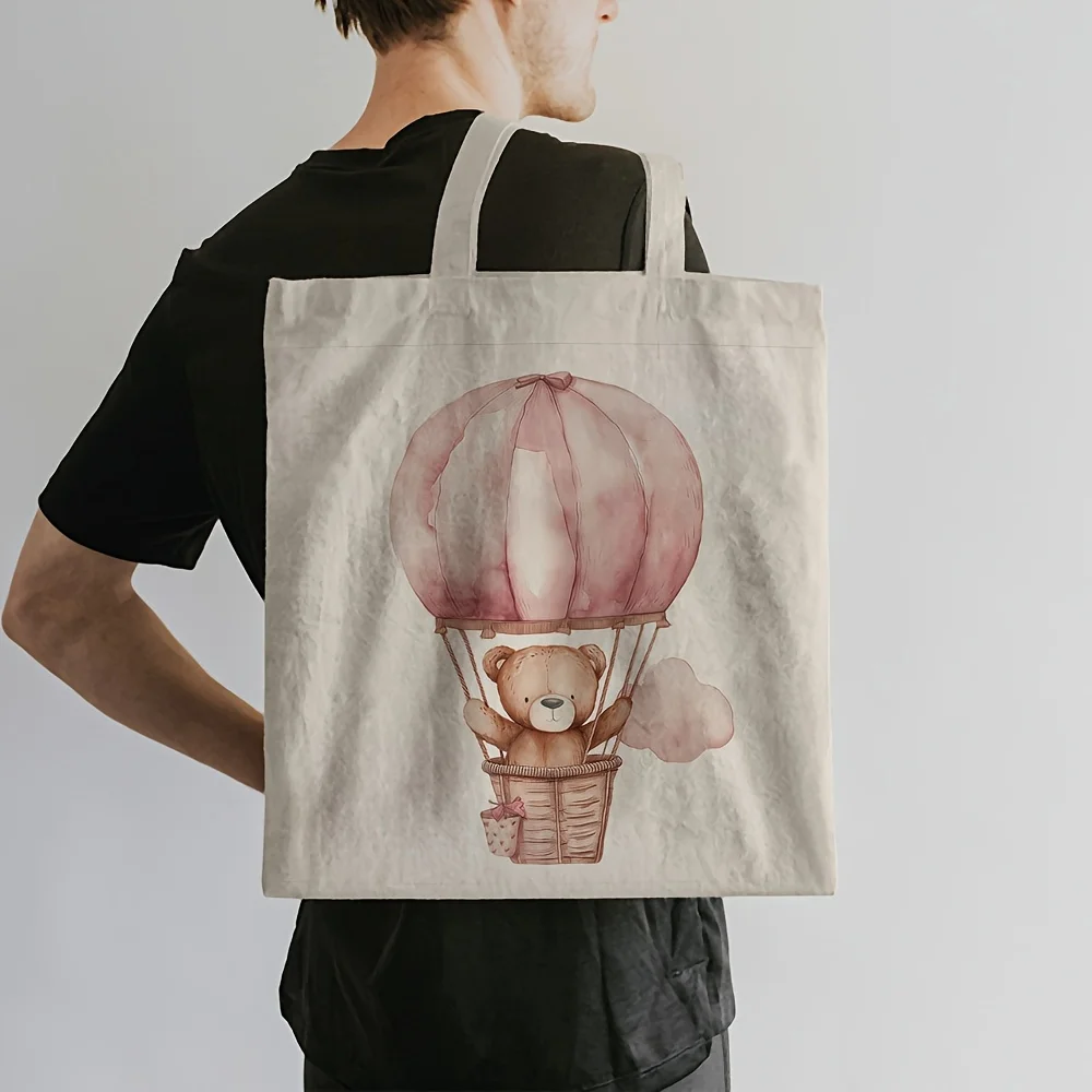 1pc, Teddy Bear Balloon Canvas Tote Bag Reusable Grocery Bags (35.05cm X 40.13cm), Cute Illustration Shoulder Bag for Daily Shop