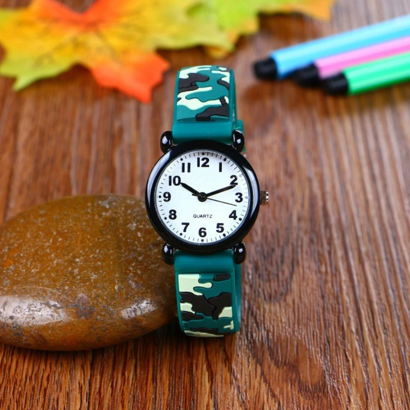 Cartoon Camouflage Kids Watch Army Green Military Style Student Watch for Boys