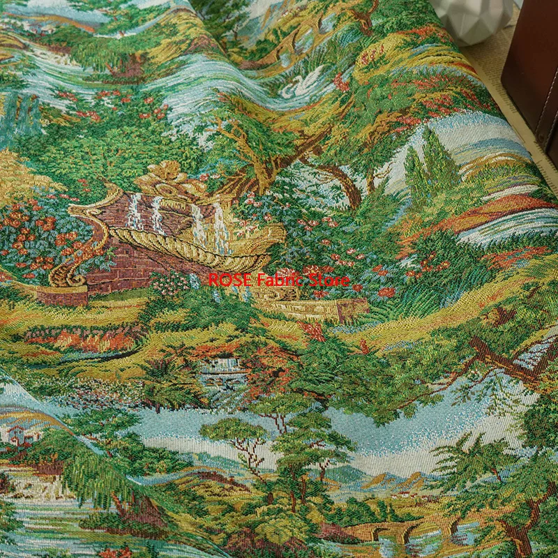 1 meter Green Oil Painting Style Yarn Dyed Jacquard Fabric Women's Dress Curtain Carpet Making Thick Fabric