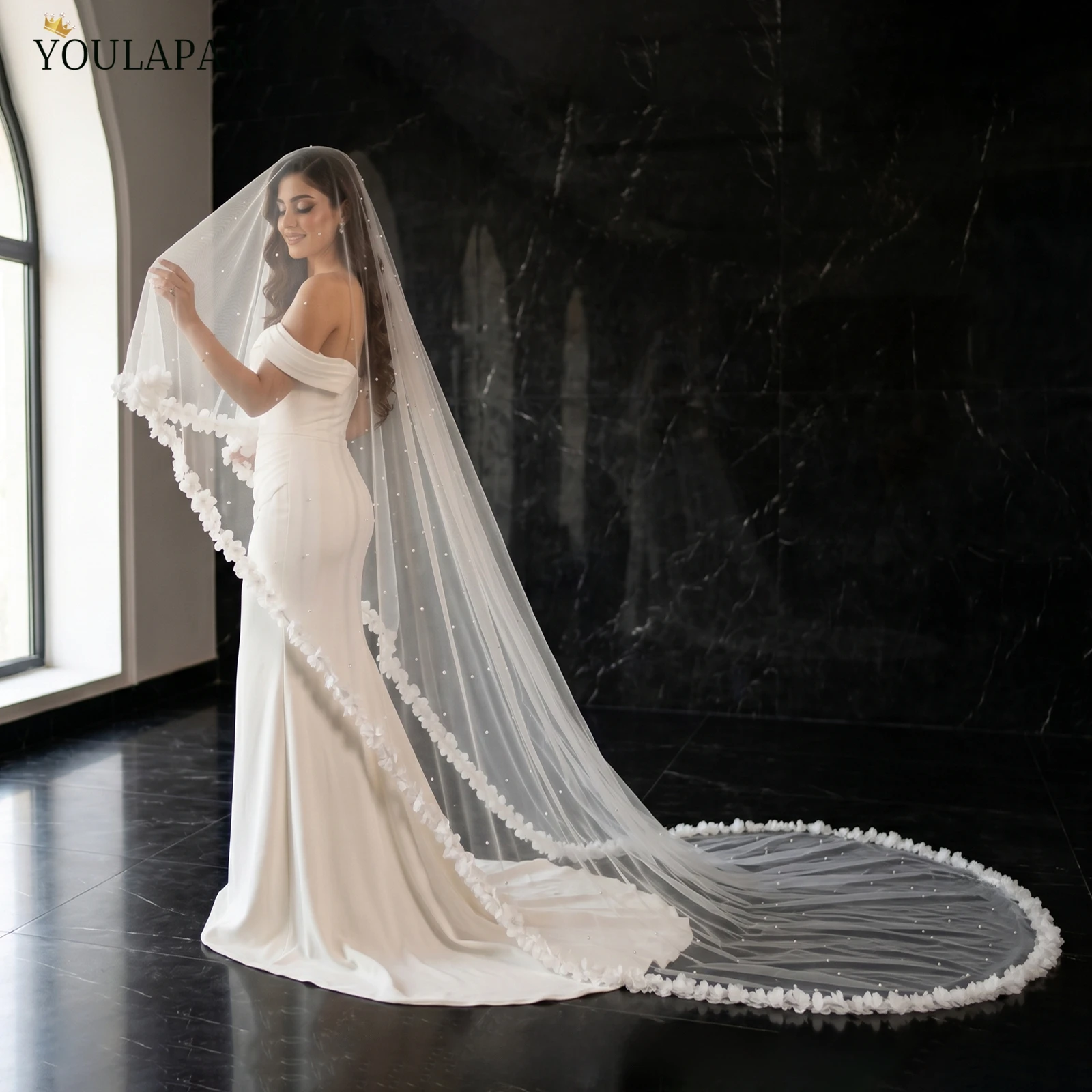 

TOPQUEEN 3d Flowers Velo De Novia 2 Layer Blusher Voile MariéE Long Veu Bride 3 Meters Cathedral Drop Veil Acessorio Noiva V255