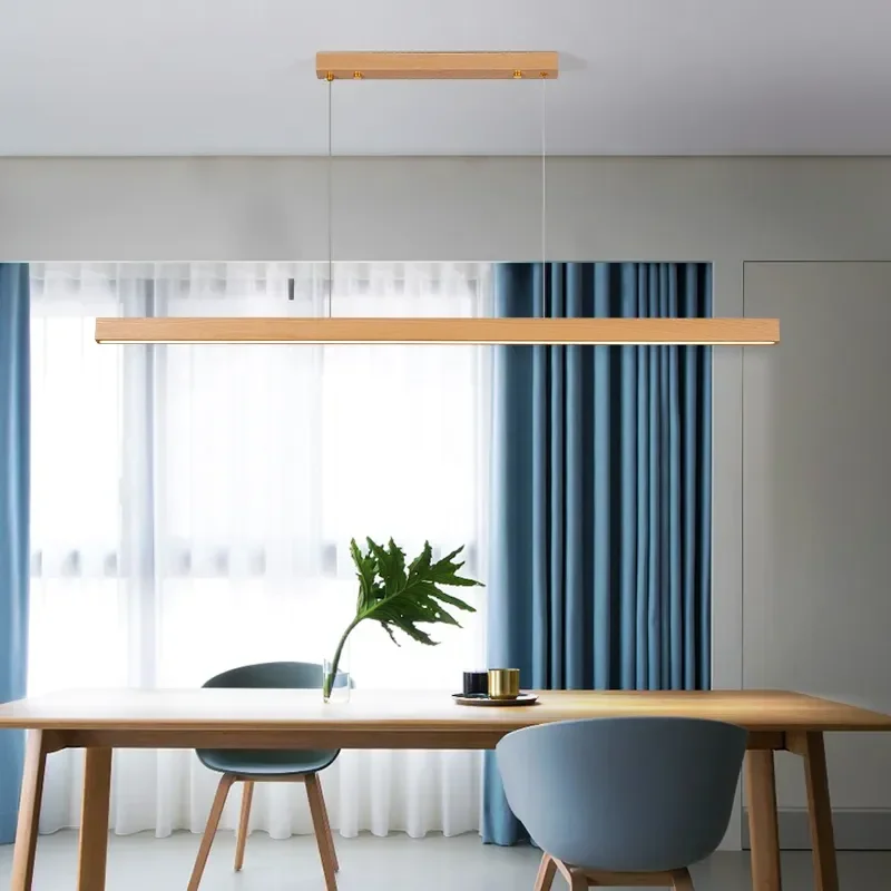 

Nordic Solid Wood LED Pendant Lights Remote Control Dimming for Dining Room Kitchen Island Chandelier Strip Hanging Indoor Light