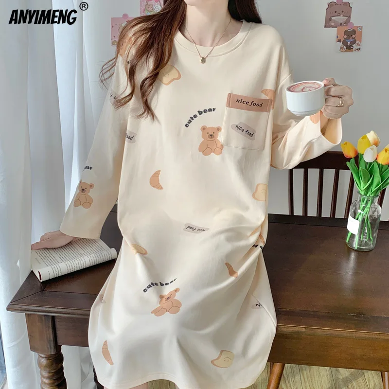 Women Nightgowns Autumn Spring New Long Sleeves Faux Cotton Sleepshirts O-neck Nightdress Casual Lady Long Gowns Milk Silk Dress