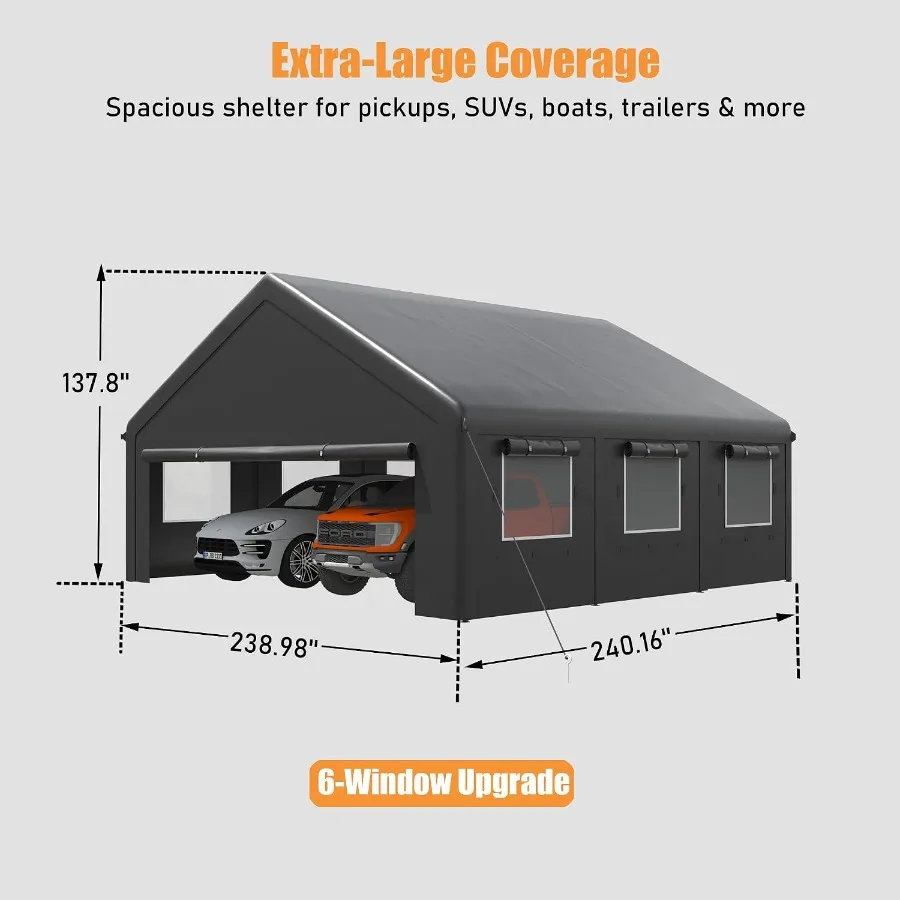 Carports 20x20 Heavy Duty, 2 Car Carport Canopy with 6 Mesh Windows